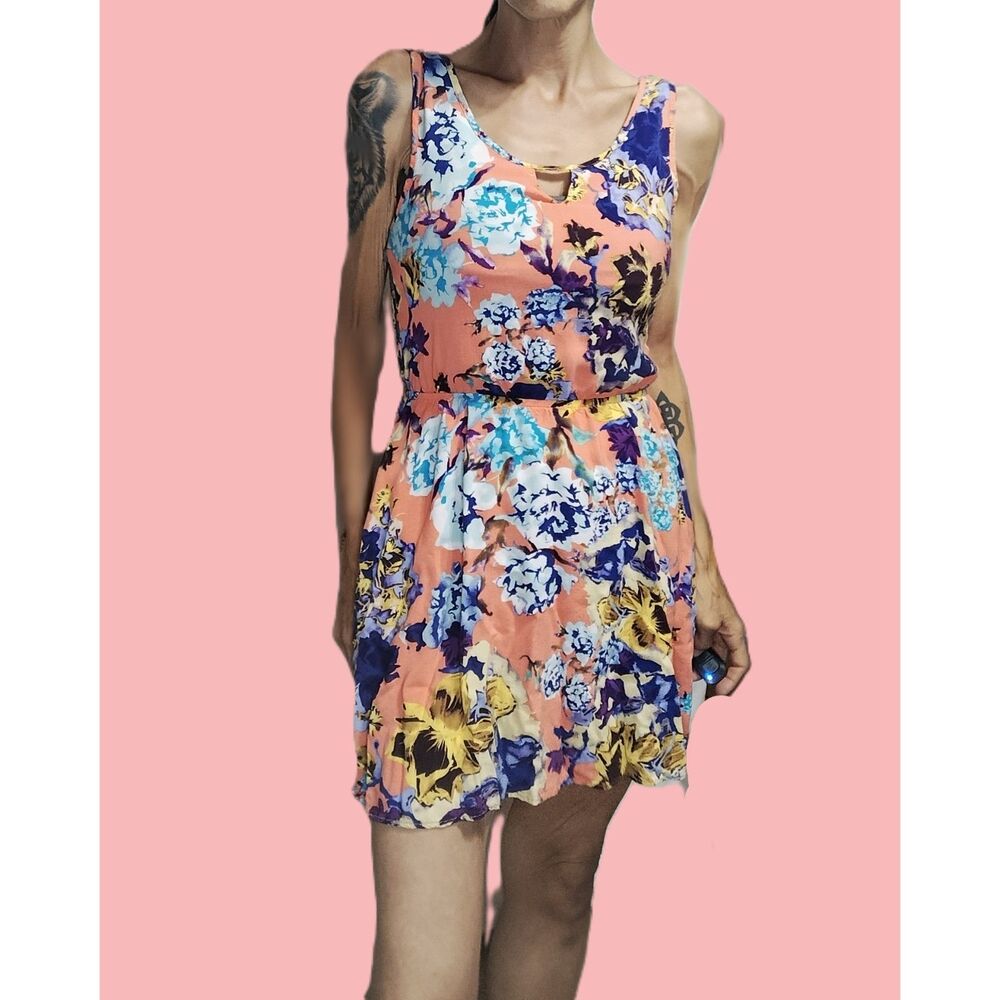 Kirra ~ Coral Pink Floral Open Weave Back Mini Dress ~ Medium